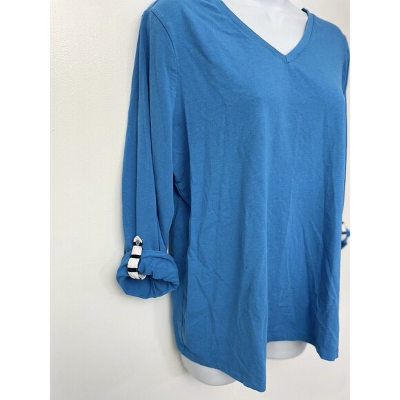 Denim & Co Jersey V-Neck Long-Slv Top Roll Tab Women's Mediterranian L Blue B15 - Picture 2 of 5